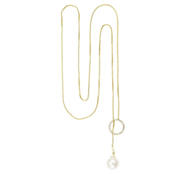 Célia von Barchewitz - Ringkette goldfarben - runde Barock-Perle und Zirkonia inkl. Samtsäckchen