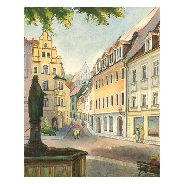 Siegfried Klengler Aquarell - Heinrichsbrunnen mit Blick in die Elbstraße