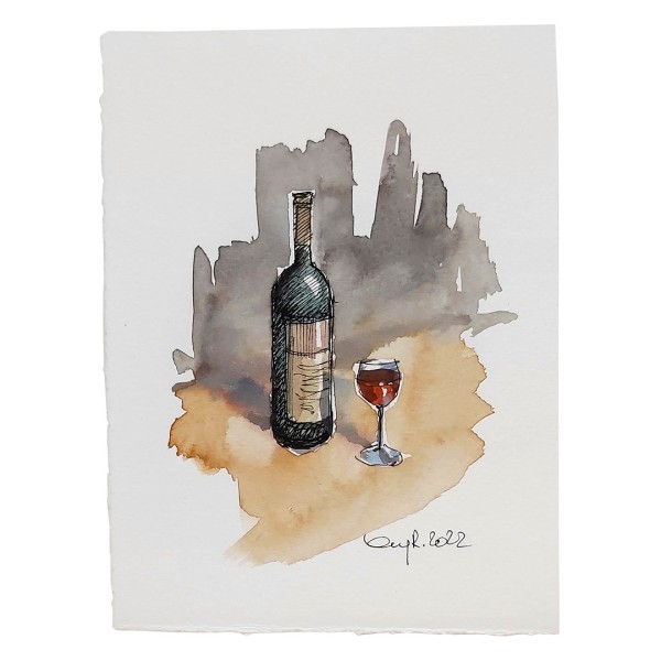 Marc-M.J. Wolff-Rosenkranz Aquarell - Weinflasche mit Glas