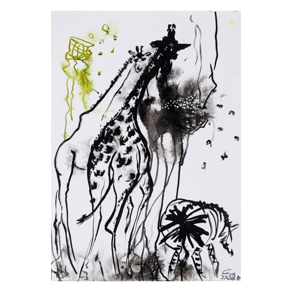 Elke Heber - Giraffen, Zebras fressend unter 7 Sternen