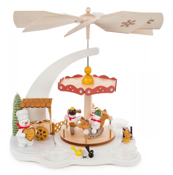 Weihnachtspyramide weiß "Schneemann-Karussell", für Teelichte - Exklusiv