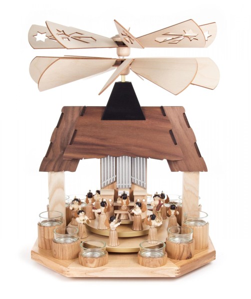 Weihnachtspyramide mit Engeln, 2 Teller und 2 Flügelräder, für Teelichte