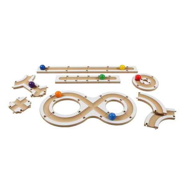 SINA Kugelbahn - 28 steckbare Holzbauteile mit 7 bunten Holzkugeln - große Murmelbahn für Kinder