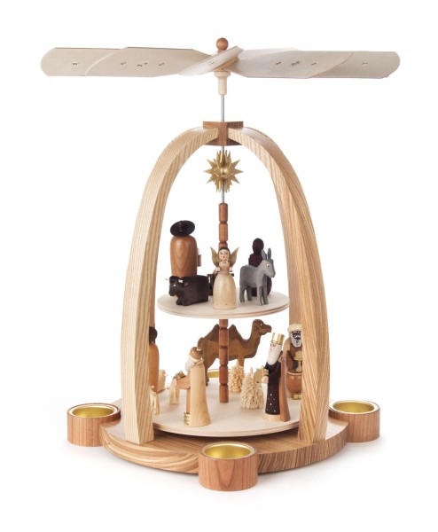 Weihnachtspyramide mit Christi Geburt, 2-stöckig für Teelichte