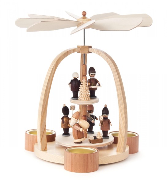 Weihnachtspyramide mit Striezelkindern, Weihnachtsmann und Laternenkindern